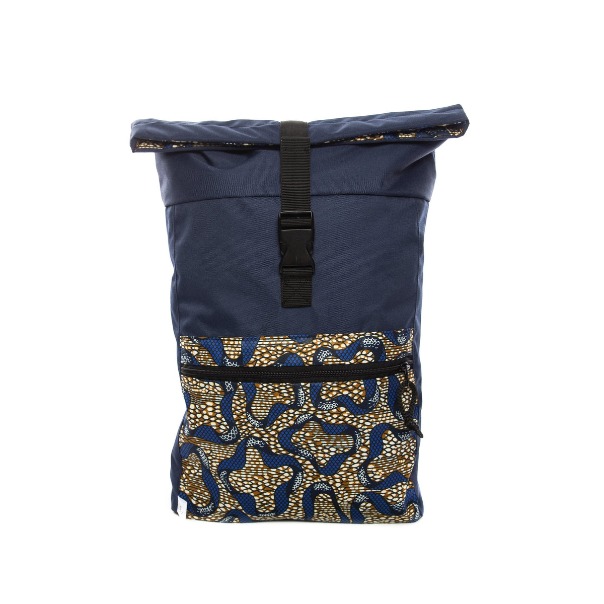 2. Front view of Drinbags ALIENS waterproof backpack in navy with roll-top closure