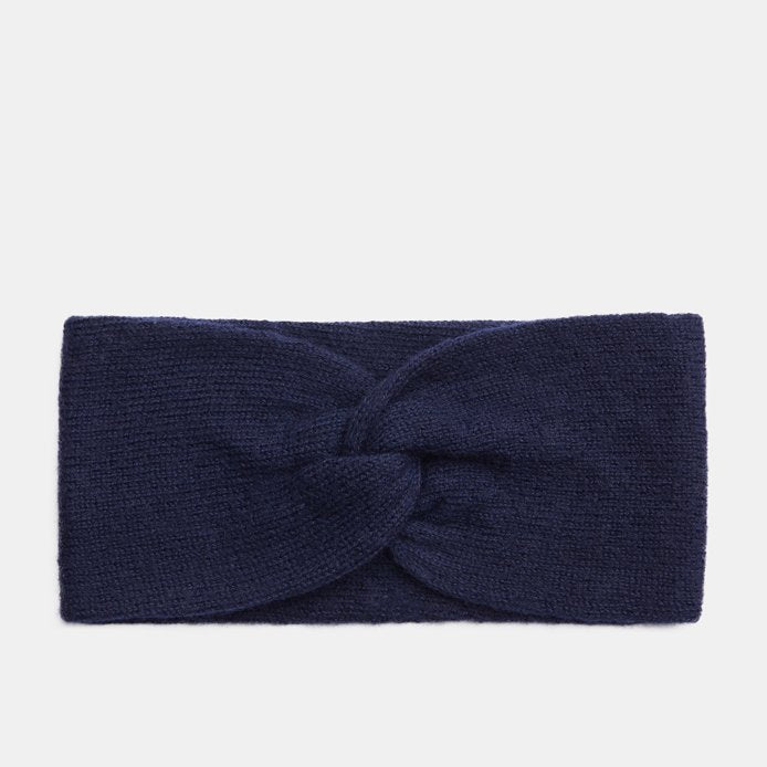2. Navy blue baby alpaca wool headband by Alpaka, highlighting silky soft material and modern style in studio setting