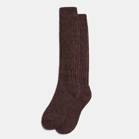 3. Unisex long alpaca wool socks in dark cocoa, highlighting ribbed knit pattern, studio shot