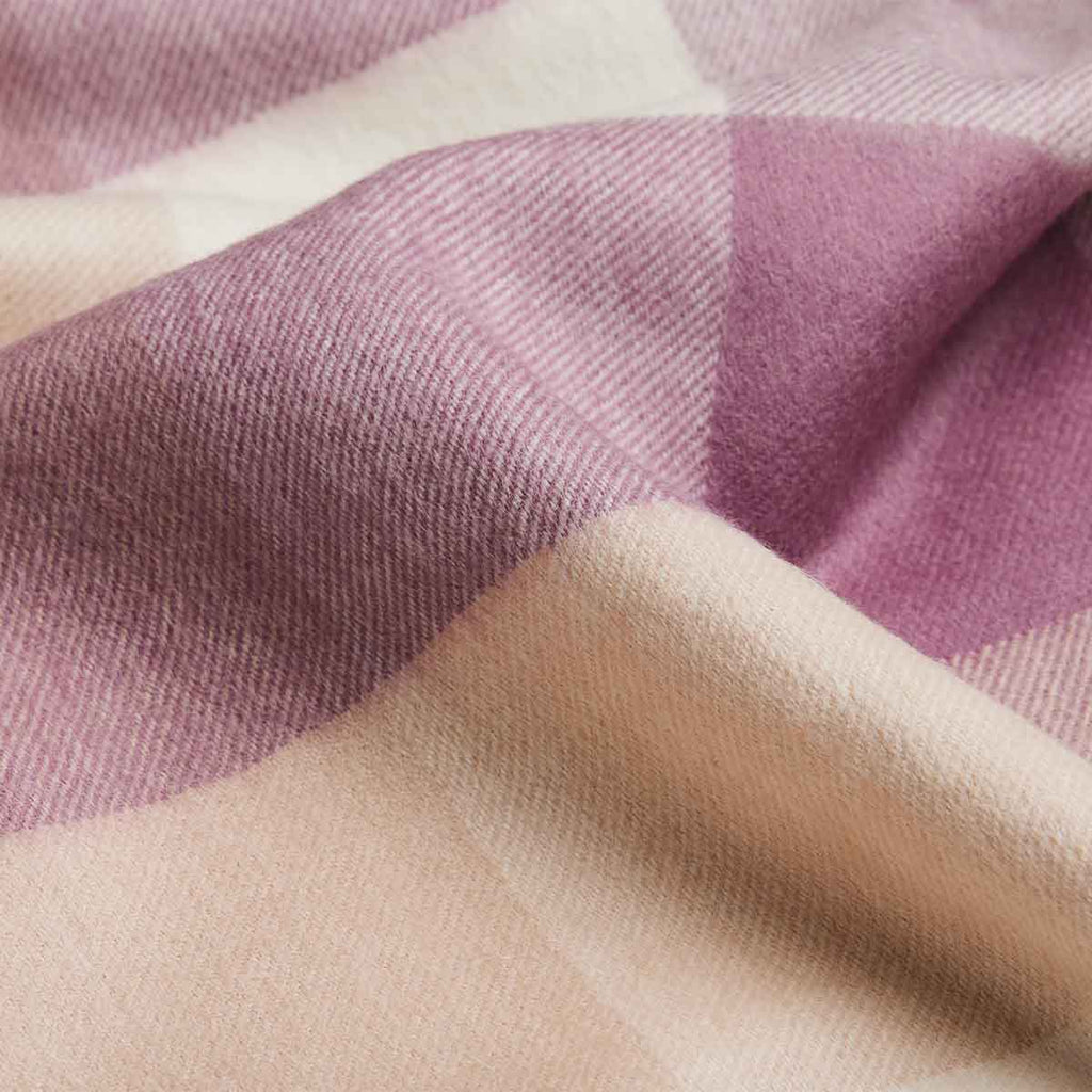 3. Close-up of pink and beige check pattern on women's baby alpaca wool scarf