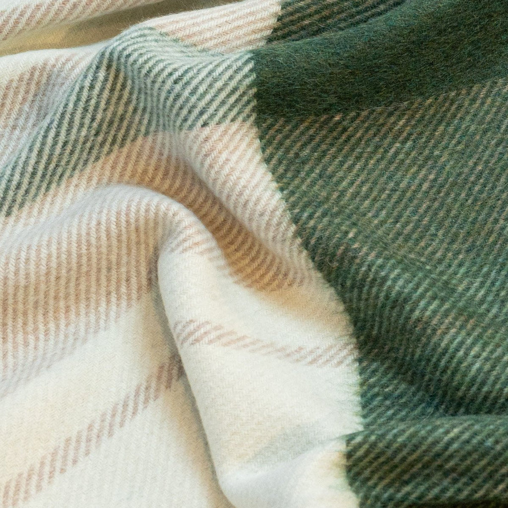 8. Close-up of Alpaka Natural Alpaca Wool Throw in Green/Beige, showing tartan pattern