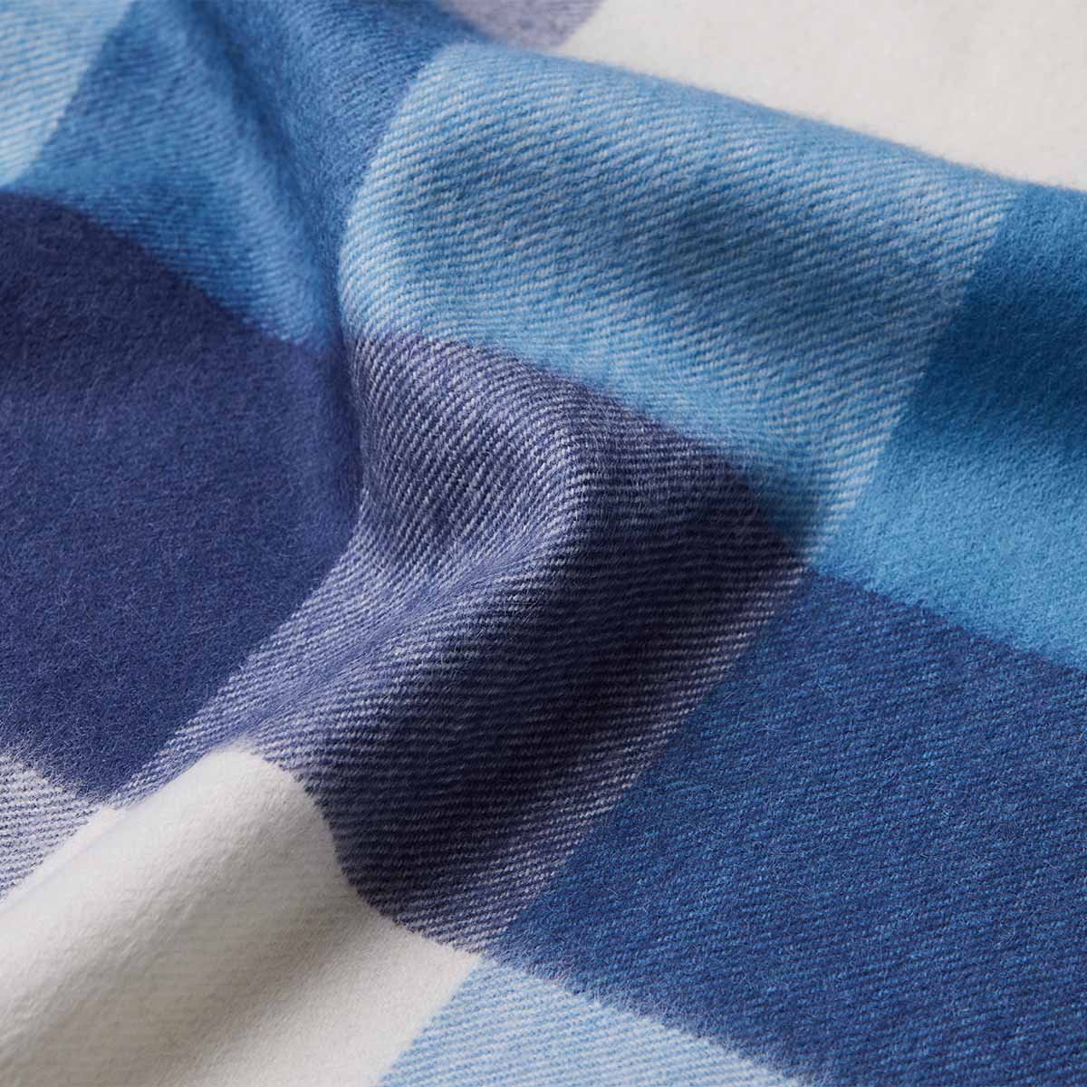 3. Close-up of blue check pattern on women's baby alpaca wool scarf