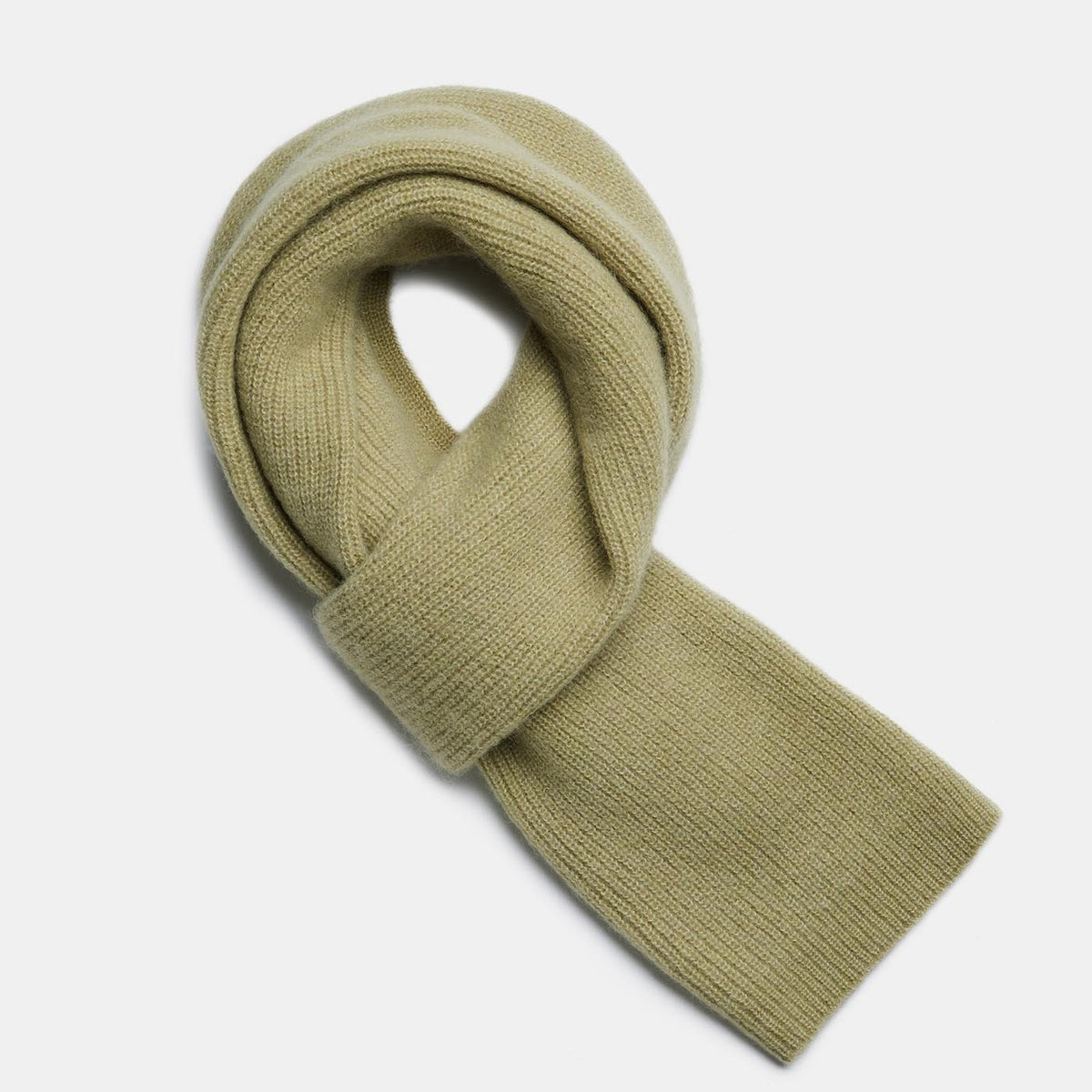 15. Flat lay of musk green Alpaka Fisherman's Rib scarf showing texture and design