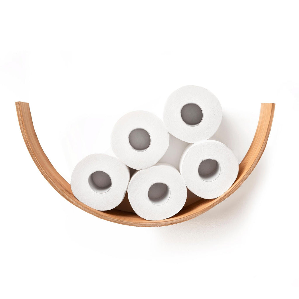 1. Handmade wooden toilet paper holder in a smile shape holding five rolls, made from Baltic birch plywood with a natural finish, wall-mounted