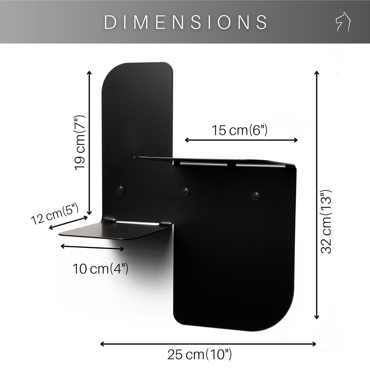 5. Size chart for black metal floating wall shelf with dimensions in centimeters and inches