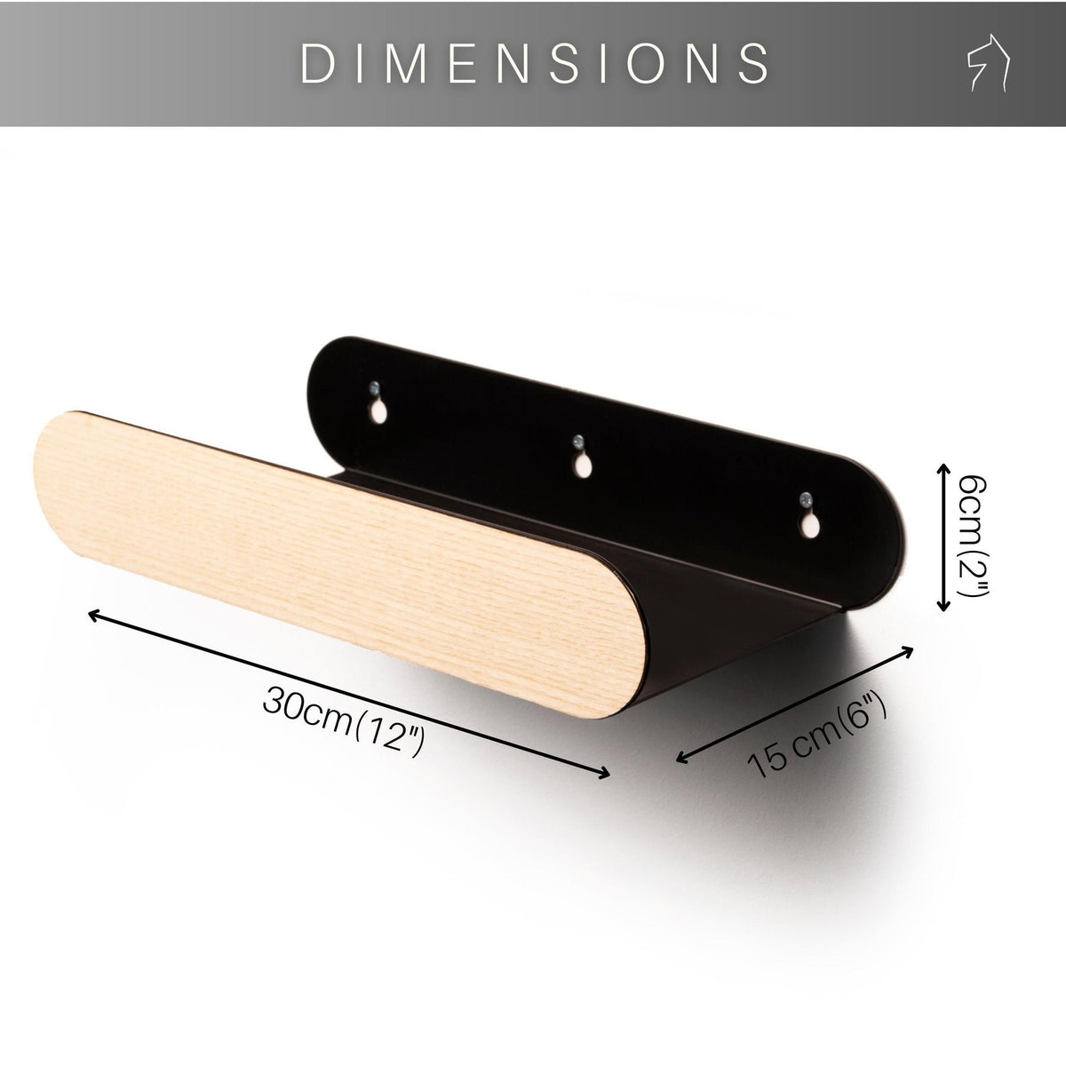 5. Size chart for floating wall shelf showing dimensions 30 x 15 x 6 cm