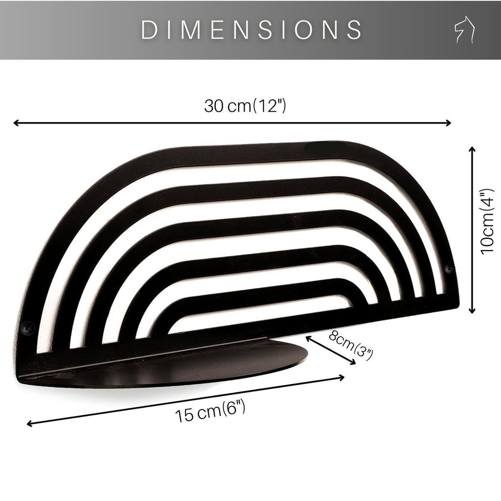 5. Dimensions of black metal plant shelf shown with measurements in centimeters and inches