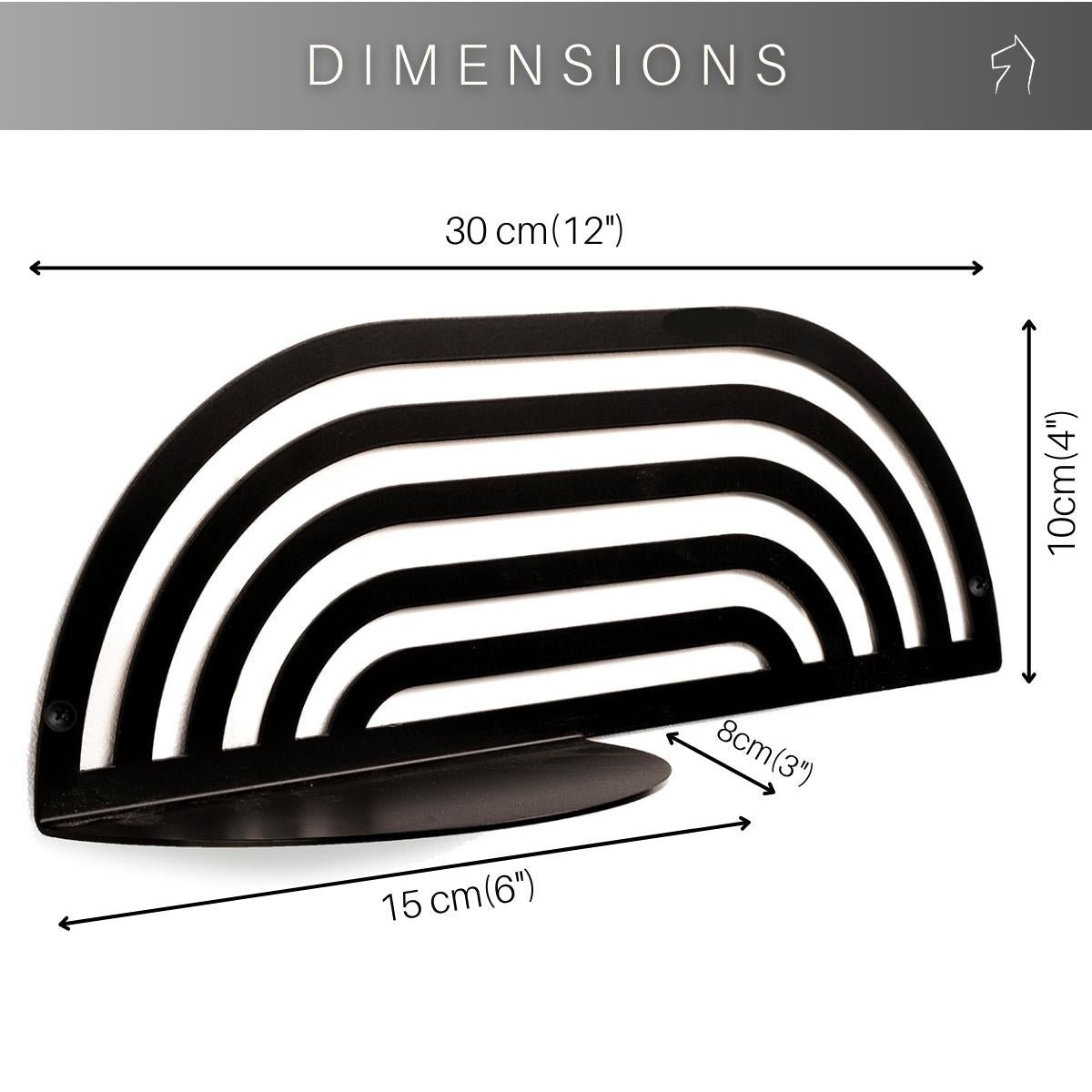 5. Dimensions of black metal plant shelf shown with measurements in centimeters and inches