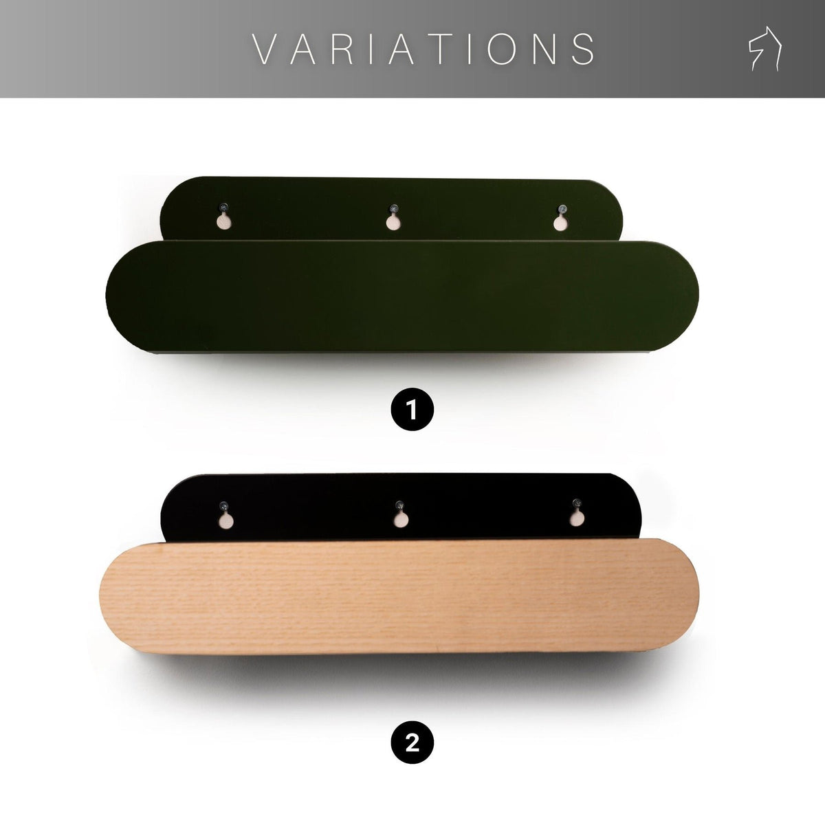 4. Variations of floating wall shelf in green and wood finish, Ewart Woods design