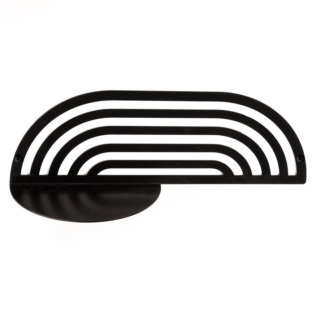 1. Black metal floating plant shelf with semi-circular design, shown on white background