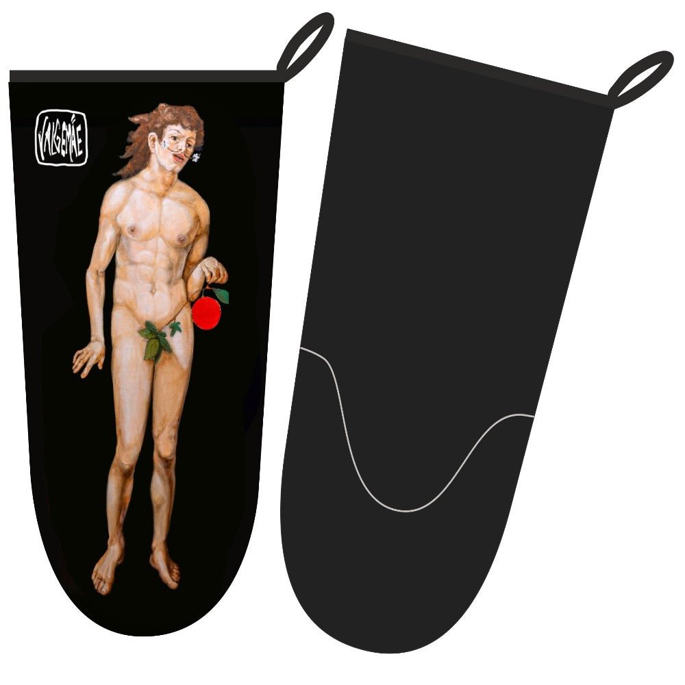 2. Katrin Valgemäe oven glove featuring Dürer's Adam painting on black background, polyester exterior, cotton blend interior