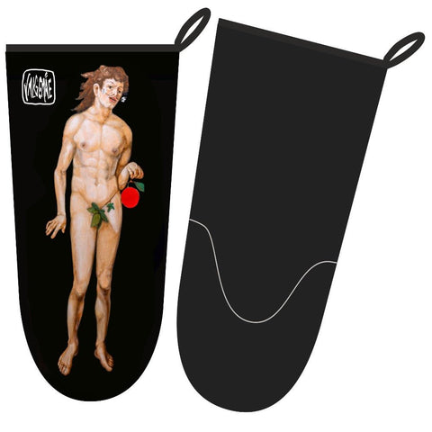 2. Katrin Valgemäe oven glove featuring Dürer's Adam painting on black background, polyester exterior, cotton blend interior