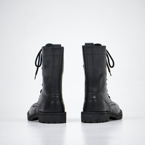 4. Rear view of Aipi black leather boots with lace-up design, studio shot