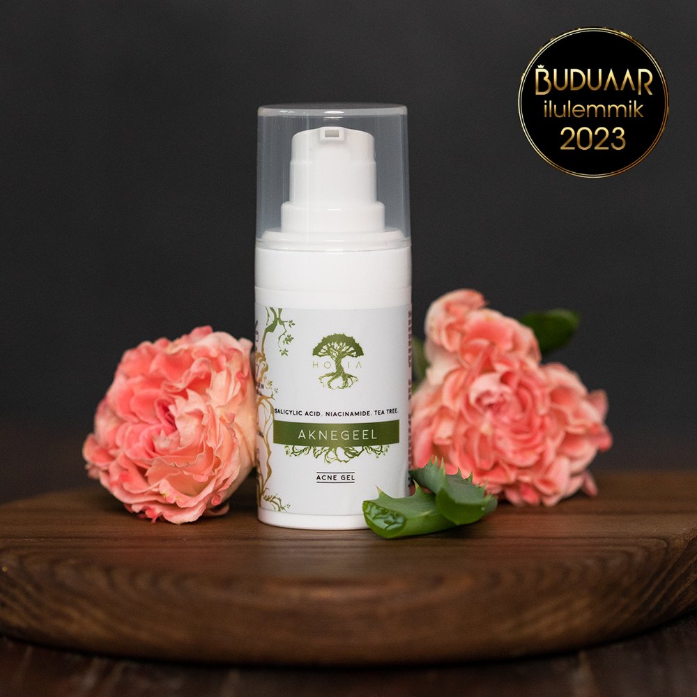 1. HOIA homespa Acne Gel bottle with floral decoration, featuring salicylic acid and niacinamide, awarded Buduaar Ilulemmik 2023
