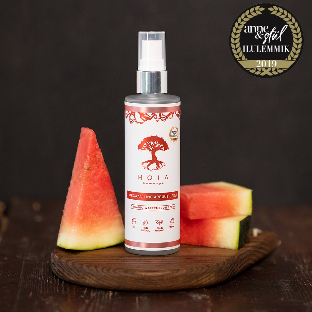 3. HOIA homespa Organic Watermelon Spray with watermelon slices, highlighting natural and organic ingredients
