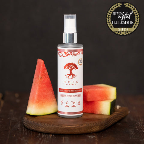 3. HOIA homespa Organic Watermelon Spray with watermelon slices, highlighting natural and organic ingredients