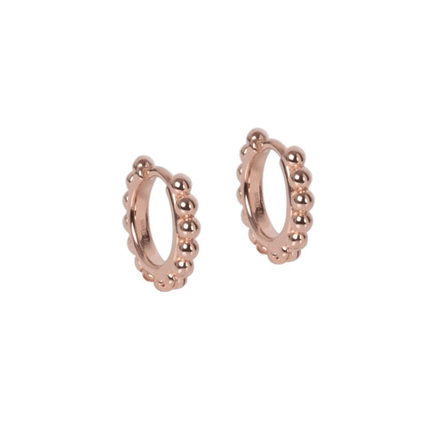 4. Studio image of MyaMoon Aria Hoops S in rose gold, showcasing the unique silver pearlstring design and 15 mm diameter