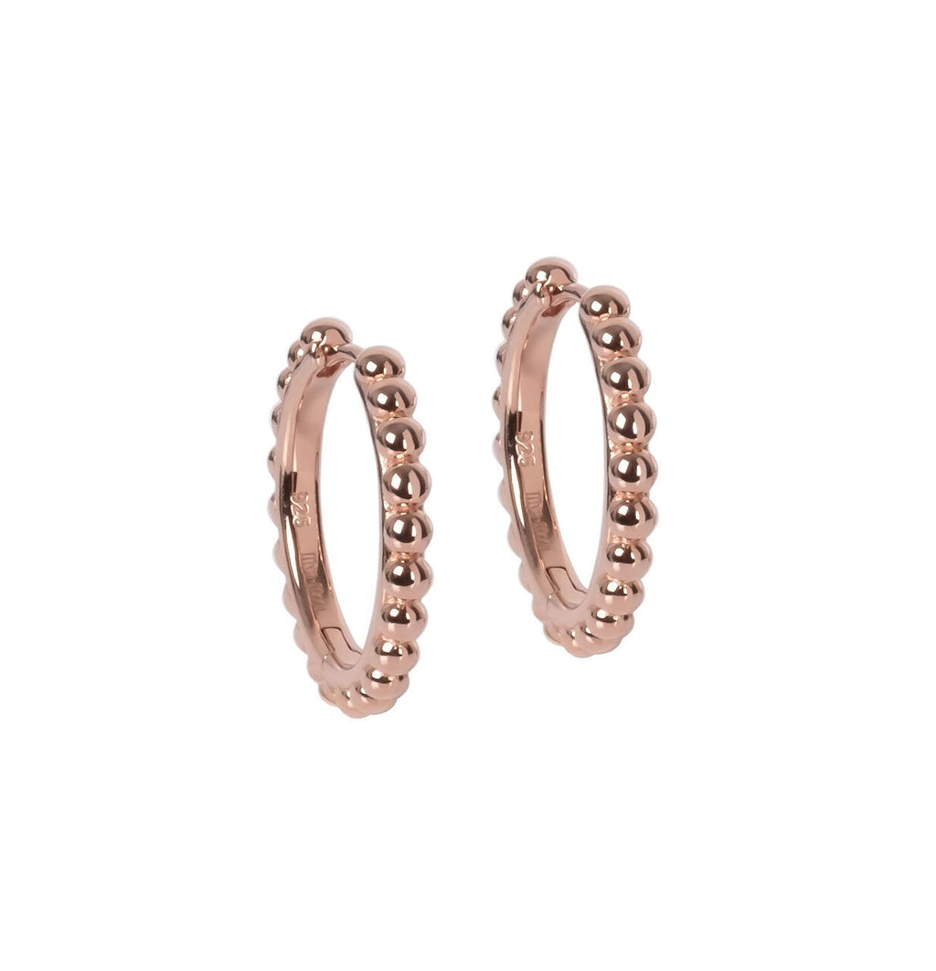4. Studio image of MyaMoon Aria Hoops M in rose gold plating, showcasing 25 mm diameter and beaded texture