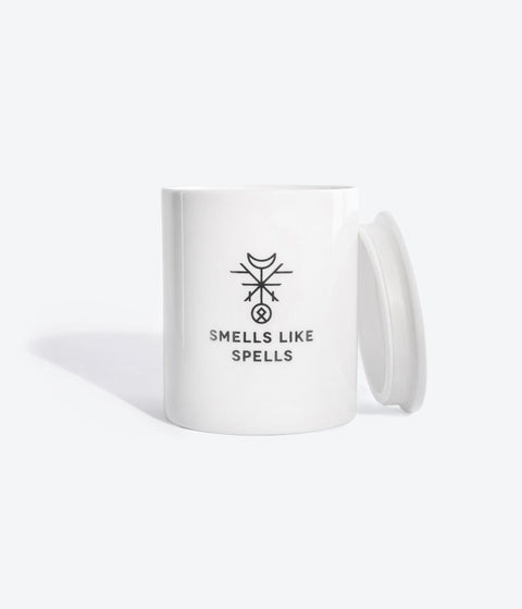 4. Smells Like Spells Scented Candle THE MOON with lid, showcasing hand-made porcelain container and logo
