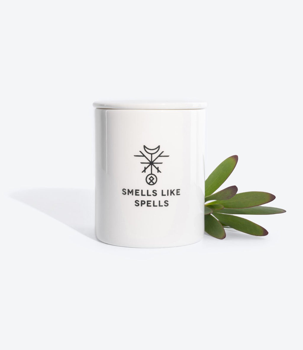 1. Smells Like Spells Scented Candle DEATH in hand-made porcelain container with logo, shown with green plant accent