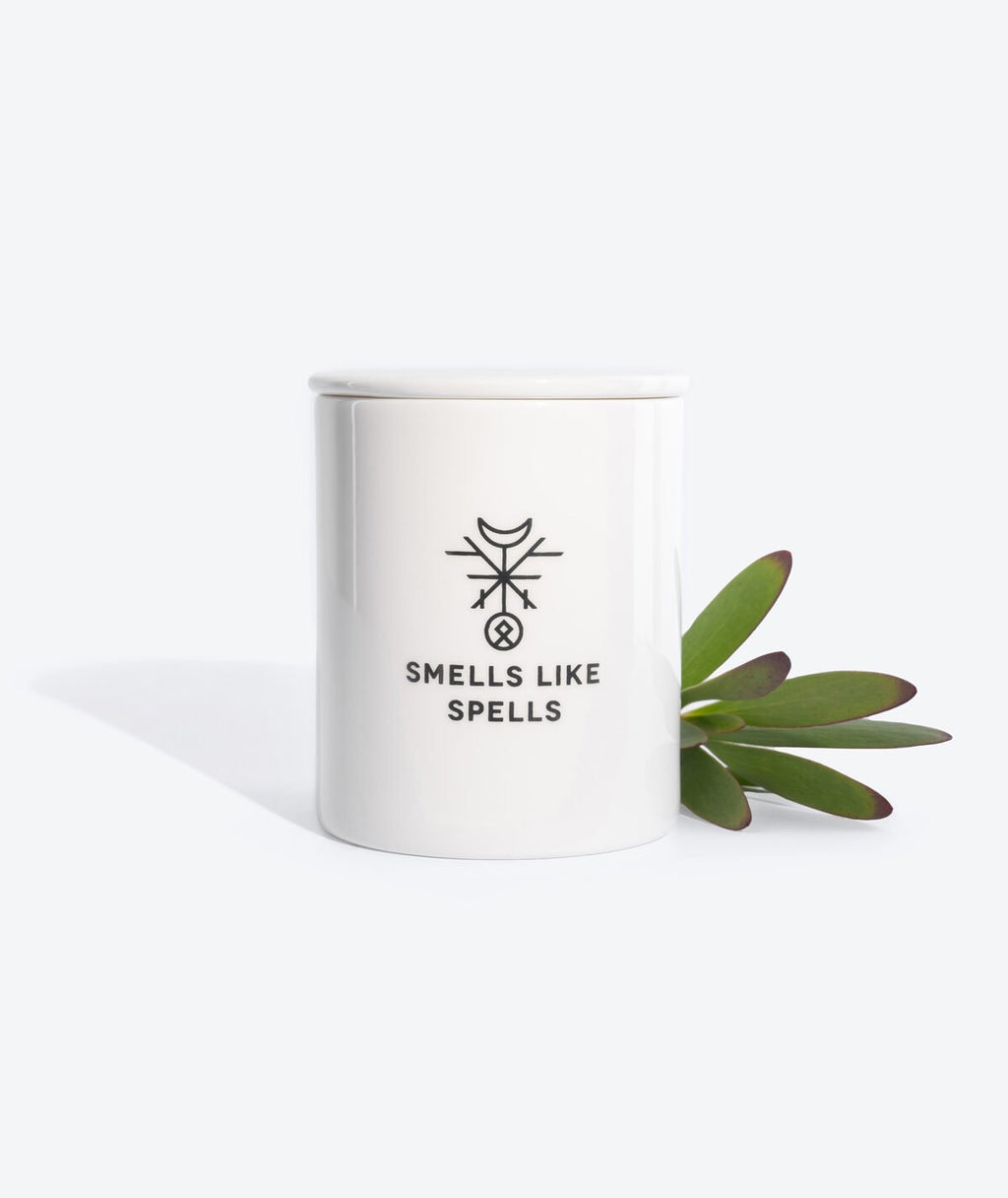 2. Smells Like Spells scented candle THE WHEEL OF FORTUNE in porcelain container with plant accent, studio setting
