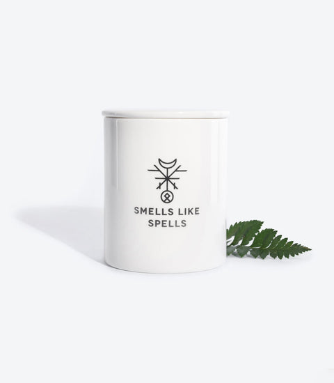 3. Scented Candle TEMPERANCE by Smells Like Spells with fern leaf accent, studio setting