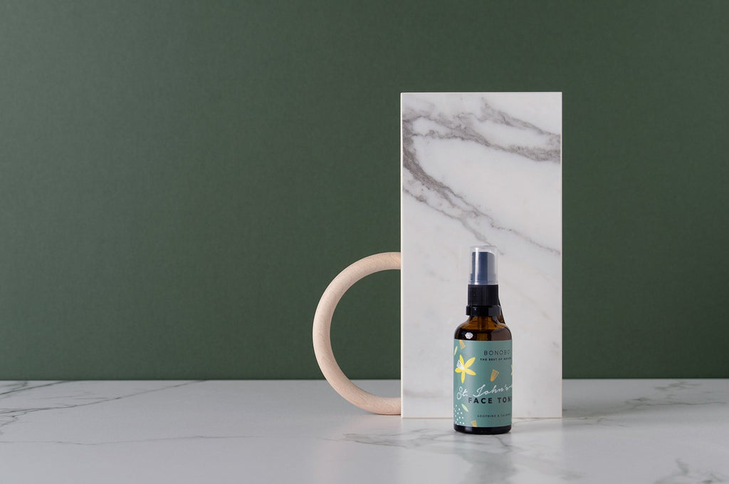 1. BONOBO St. John's-Wort Face Tonic bottle displayed against a marble and green background, highlighting natural skincare