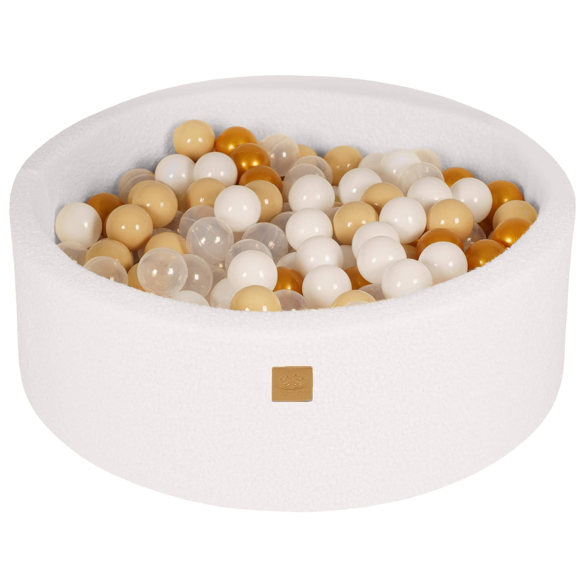 1. Round white boucle ball pit filled with 200 gold, beige, white, and transparent balls, designed for children, made from soft hypoallergenic foam, featuring a zippered cover, by MeowBaby.