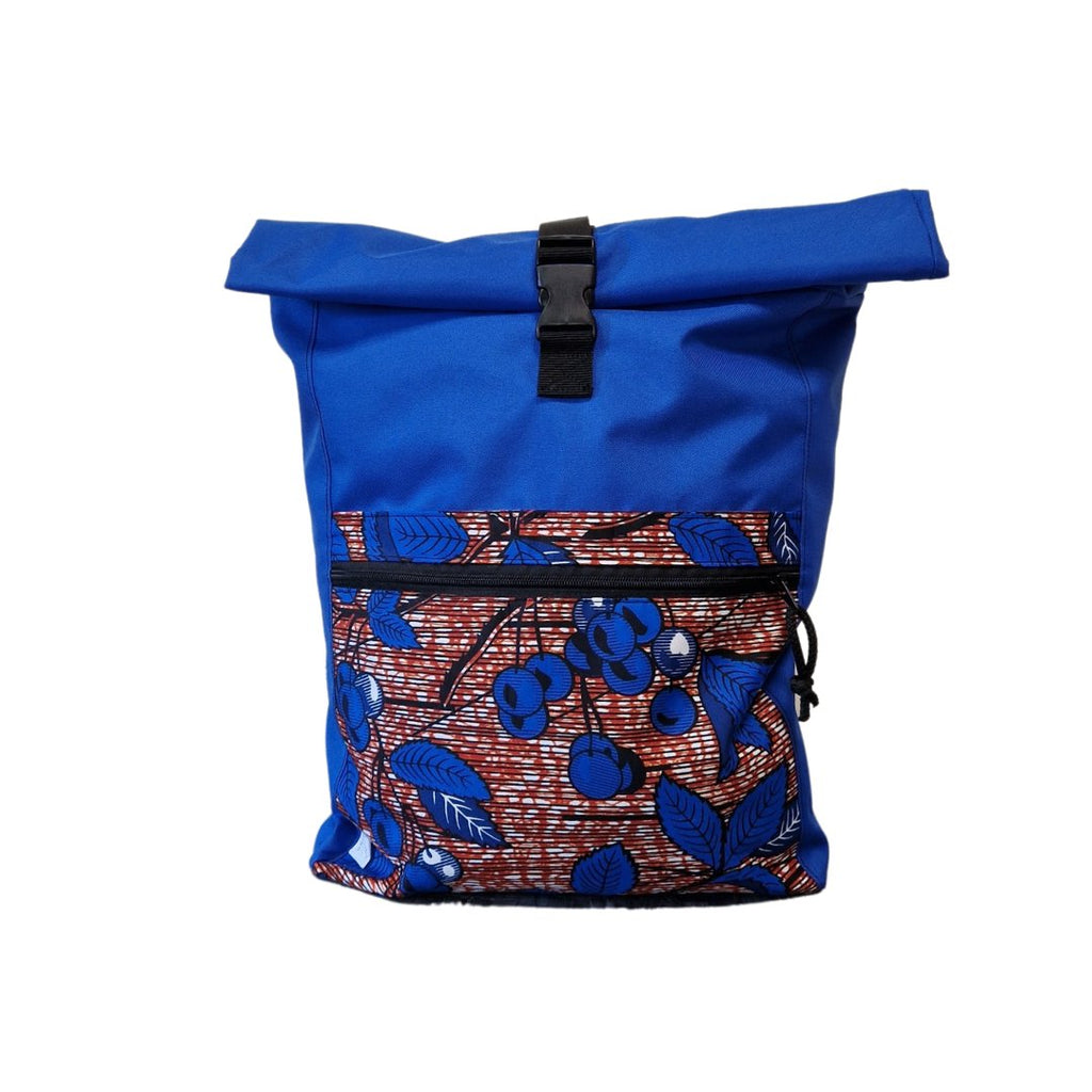 1. Drinbags BRIGHT CHERRY waterproof backpack in blue with cherry pattern, shown in studio with roll-top closure