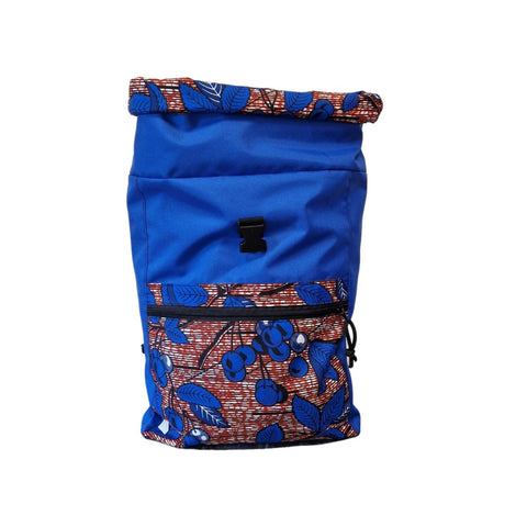 2. Drinbags BRIGHT CHERRY backpack in blue with cherry design, studio shot with adjustable roll-top