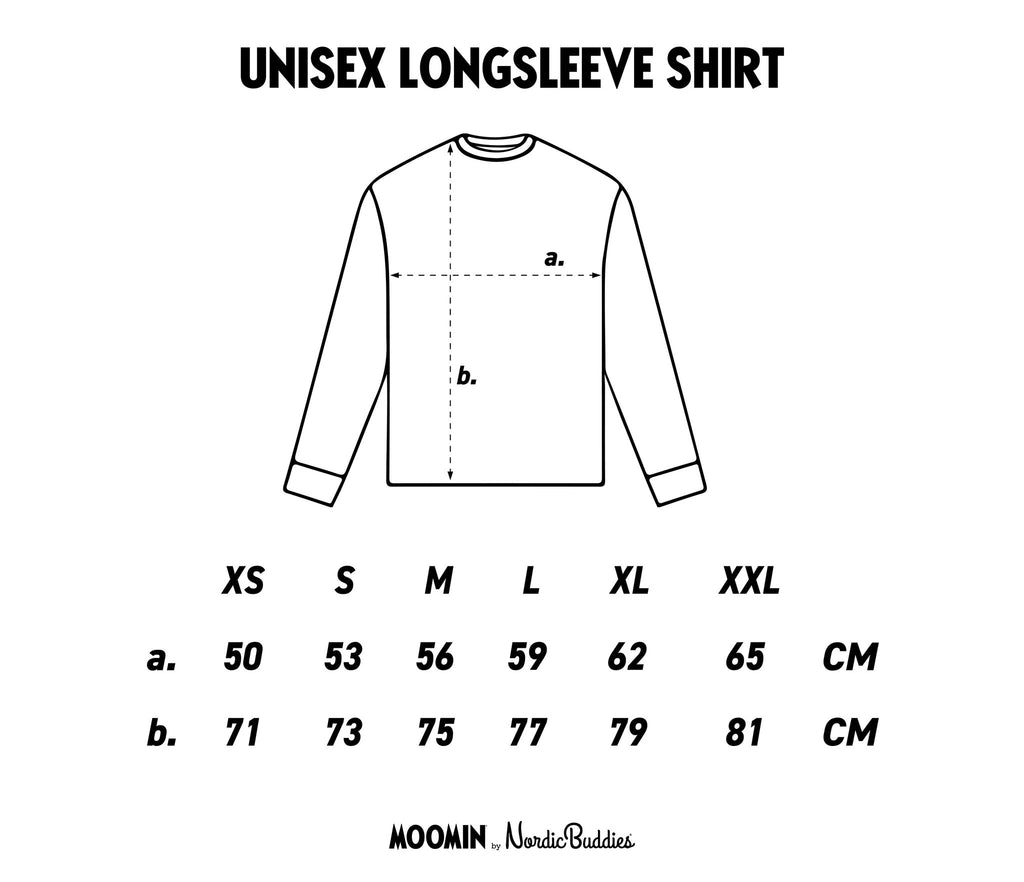 8. Size chart for Moomin unisex longsleeve shirt, showing XS–XXL in cm with fit diagram