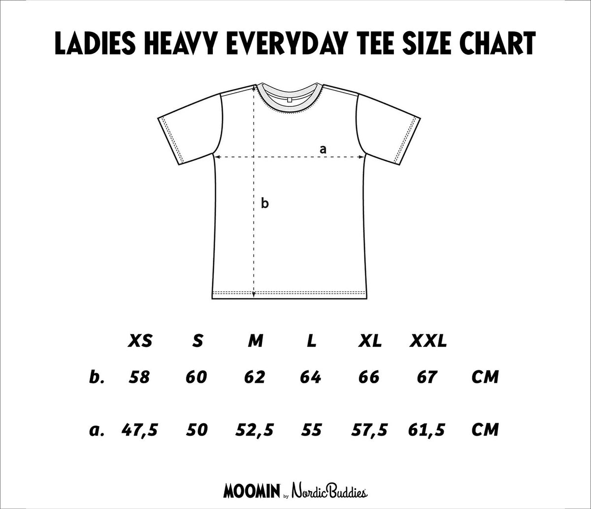 7. Size chart for women's heavy everyday tee by Moomin NordicBuddies, showing measurements in cm