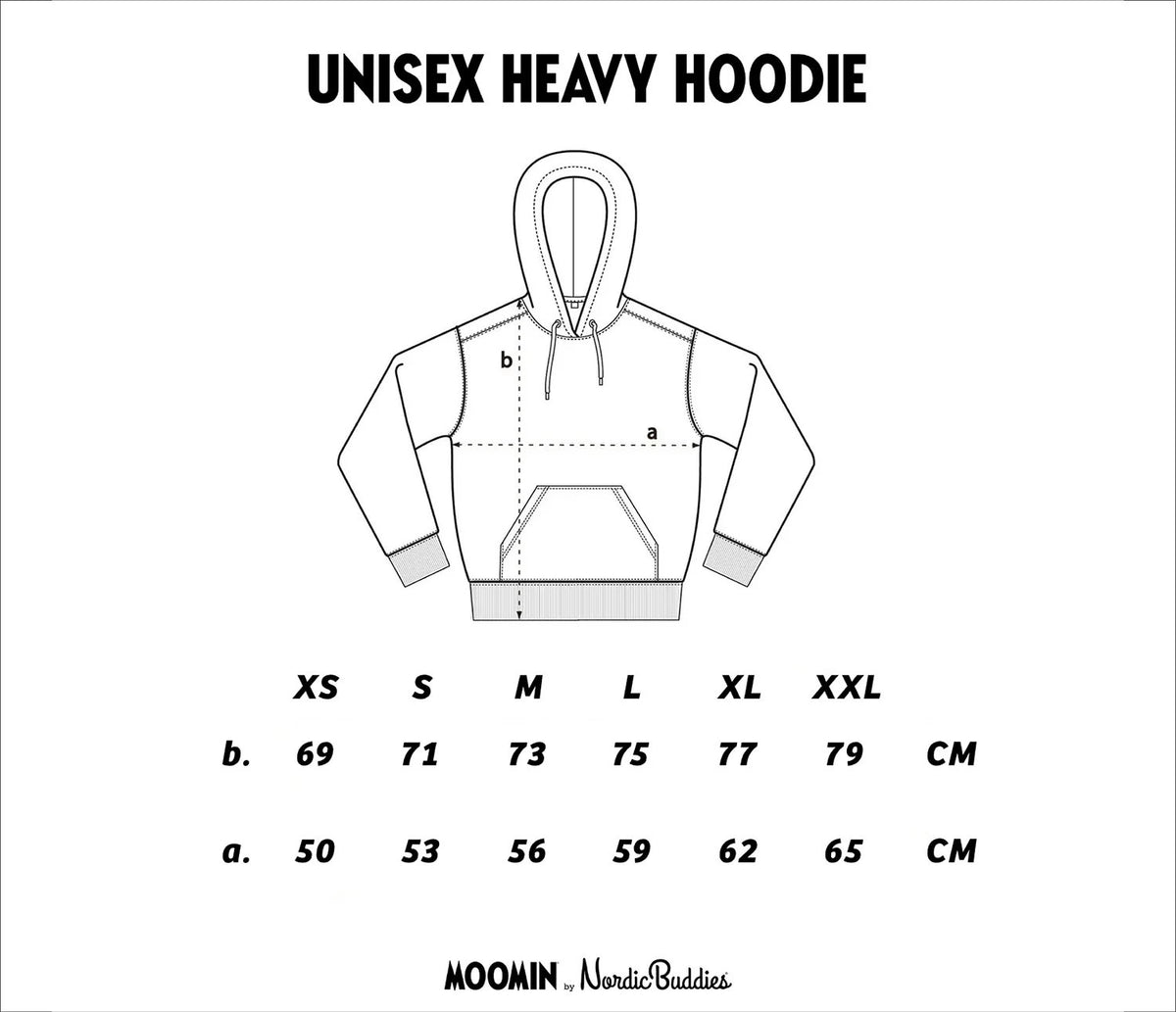 8. Size chart for unisex heavy hoodie by Moomin NordicBuddies, showing XS–XXL in cm