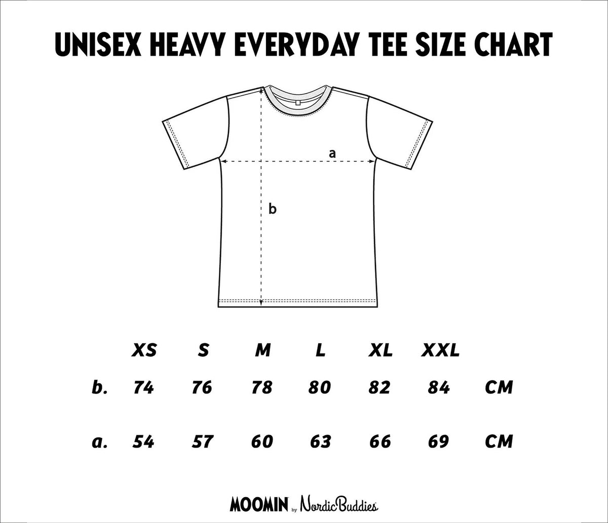 8. Size chart for Moomin Adventure T-Shirt, showing XS–XXL in cm with fit diagram