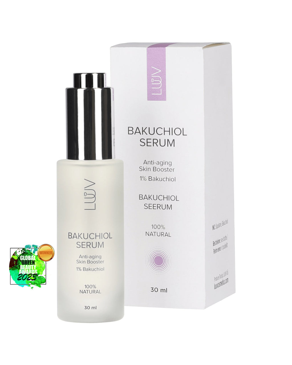 3. LUUV Anti-Aging Bakuchiol Serum 30ml bottle with packaging, featuring natural skincare product