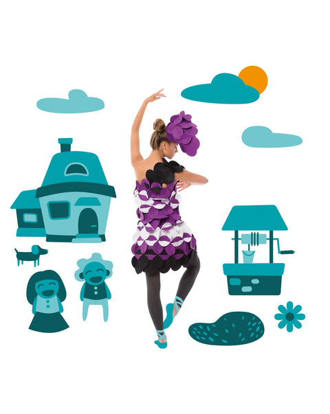 1. Woman in purple and black felt costume posing as ballerina with whimsical village illustrations on black background