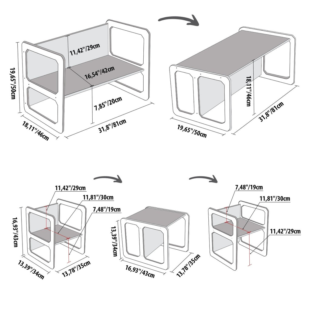 7. Size chart for Montessori weaning table and chair set showing dimensions in inches and centimeters