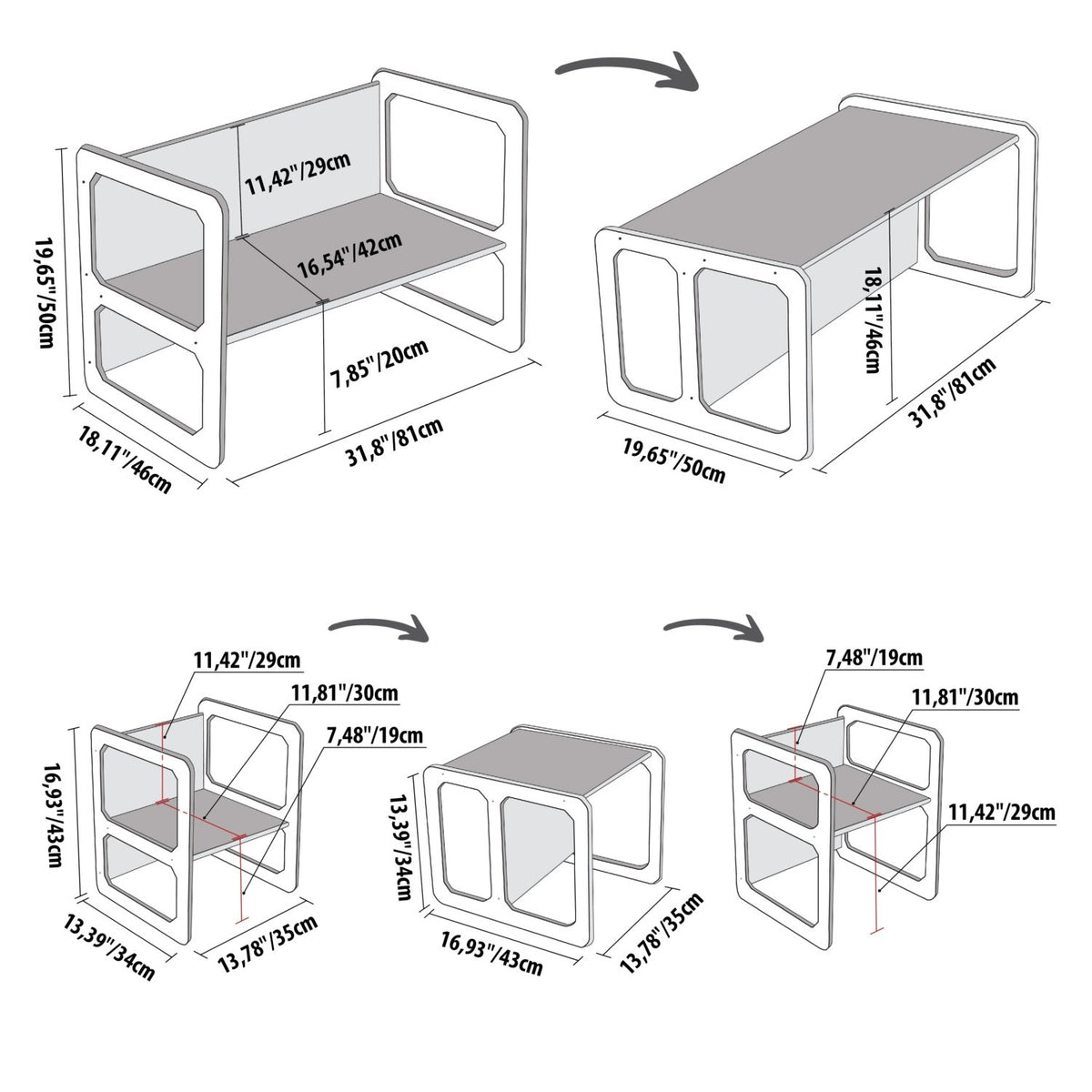 7. Size chart for Montessori weaning table and chair set showing dimensions in inches and centimeters