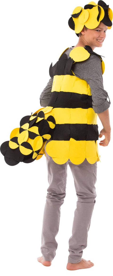 4. Child in bee costume showing back view with striped pattern and playful tail against black background