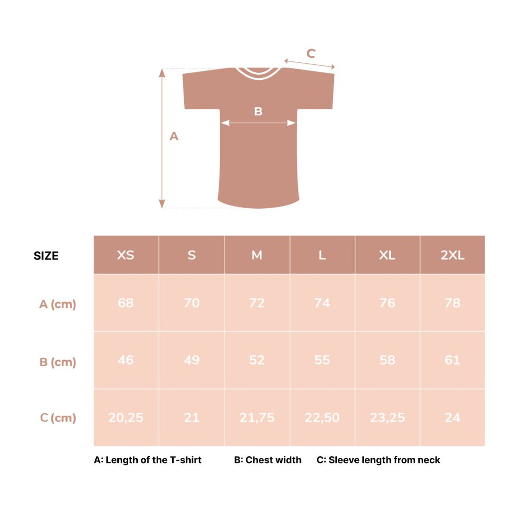 12. Size chart for Beebila unisex T-shirt, showing measurements for sizes XS to XXL
