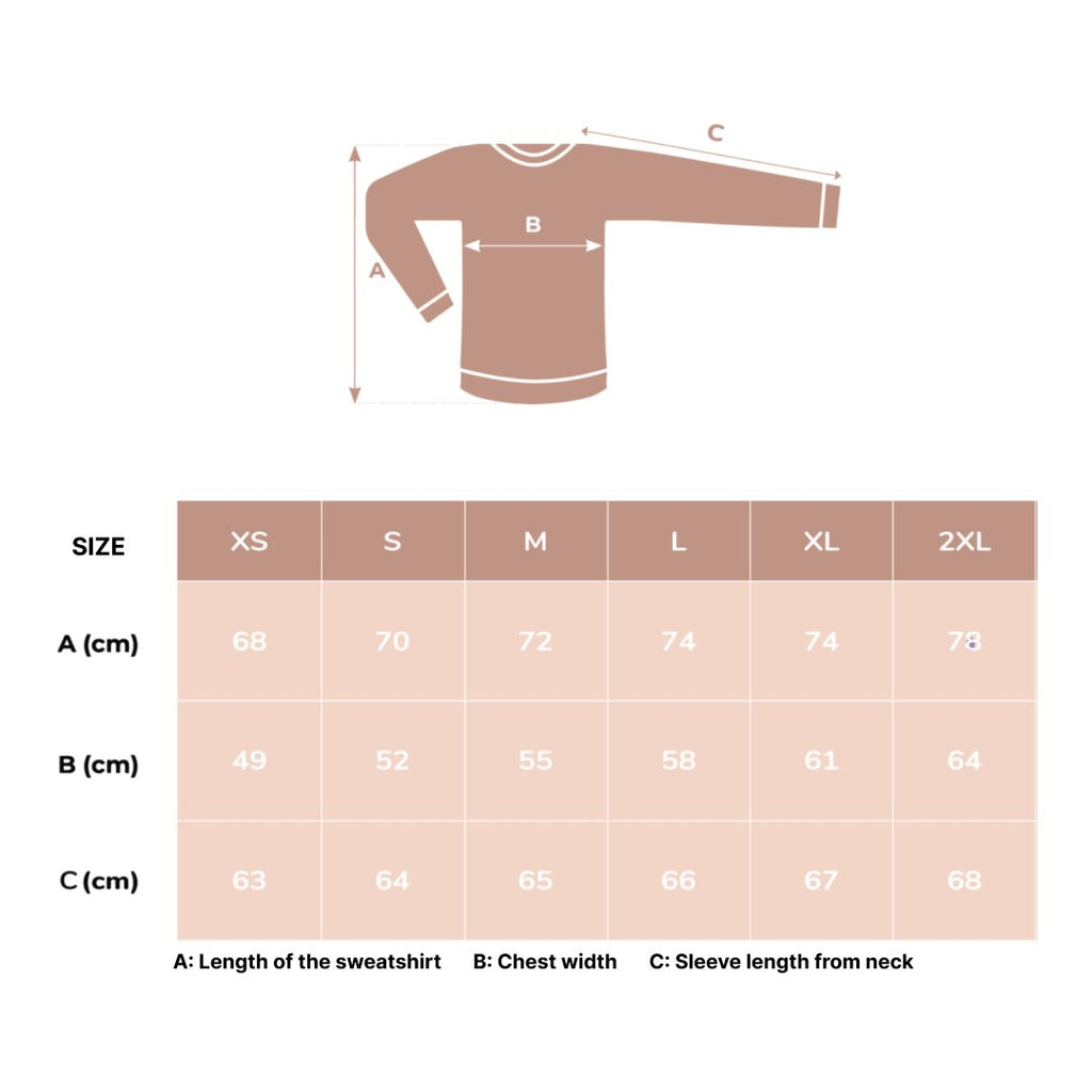 5. Size chart for unisex sweatshirts showing length, chest width, and sleeve length in centimeters