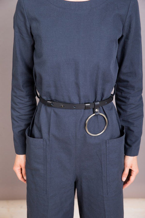 1. Women's black leather belt with metal chain by PYKOK, styled with a navy outfit