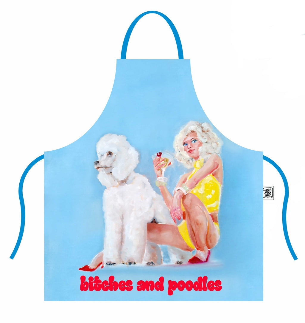 2. Katrin Valgemäe apron featuring artwork of a woman in yellow and a white poodle on blue background with 'bitches and poodles' text