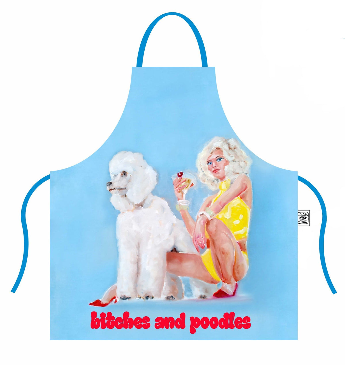 2. Katrin Valgemäe apron featuring artwork of a woman in yellow and a white poodle on blue background with 'bitches and poodles' text