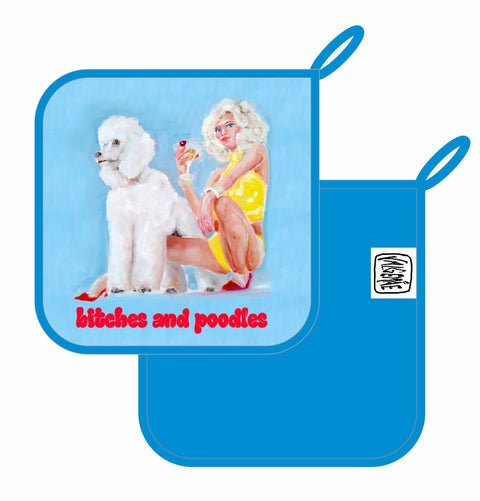 2. Blue pot holder featuring pop art design of woman in yellow dress with poodle, text 'bitches and poodles' in red