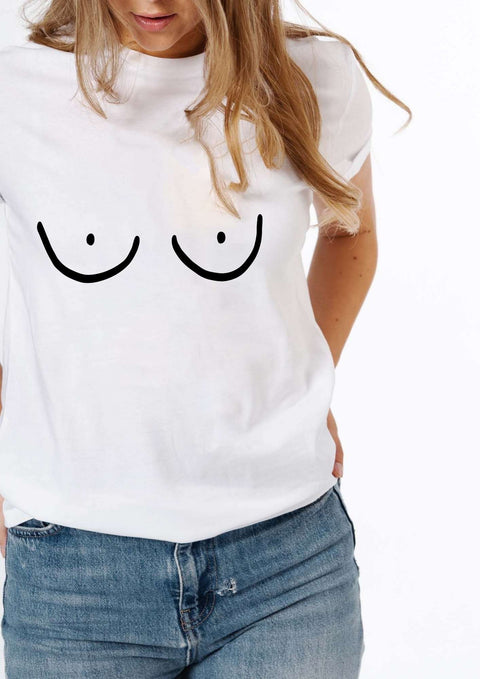 2. Close-up of women's Boobs T-Shirt in white by Black Giraffe Brand, highlighting organic cotton material and design
