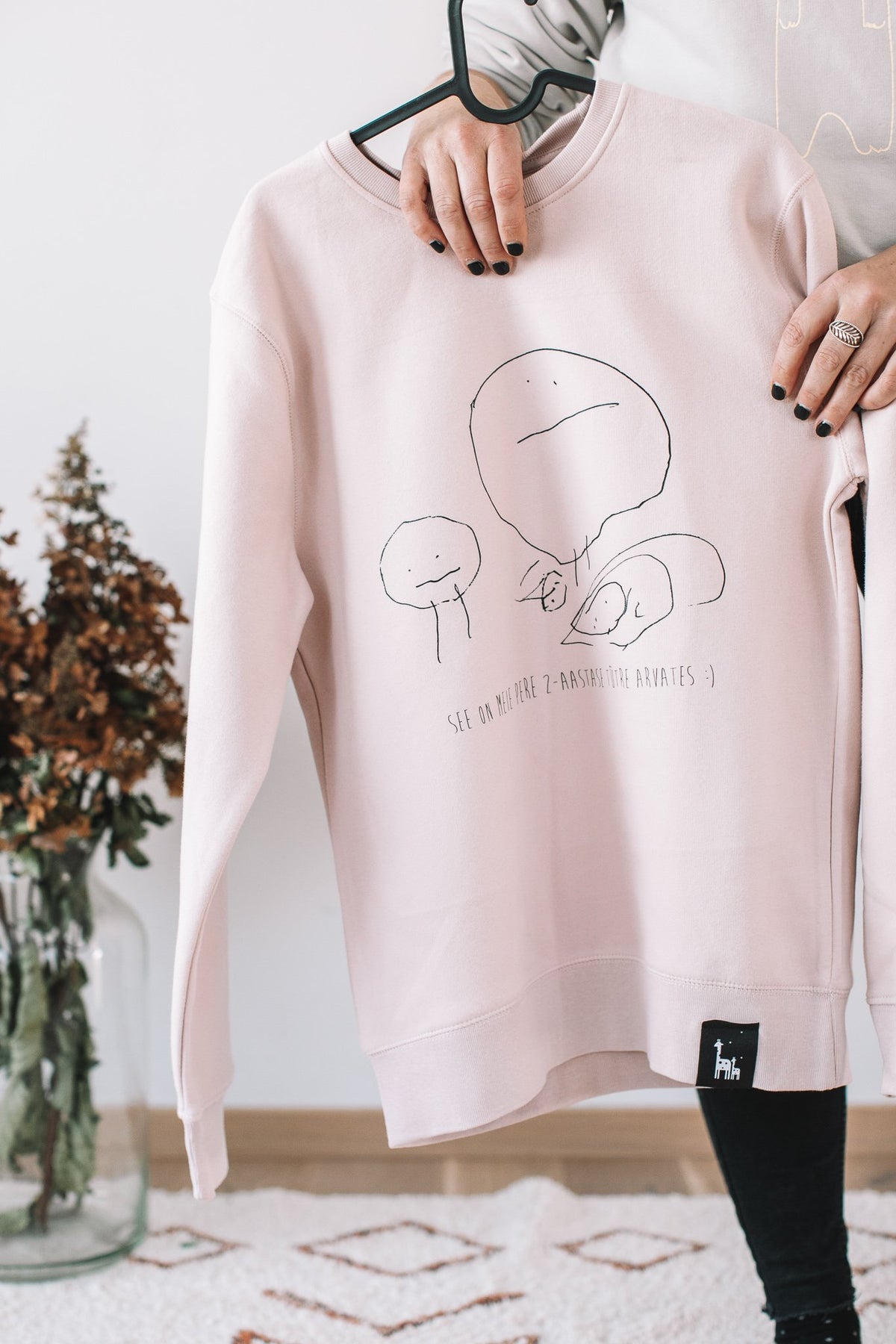 4. Soft rose sweatshirt with custom child's drawing, Black Giraffe Brand, shown in lifestyle setting