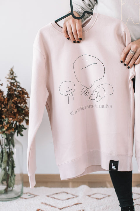 4. Soft rose sweatshirt with custom child's drawing, Black Giraffe Brand, shown in lifestyle setting