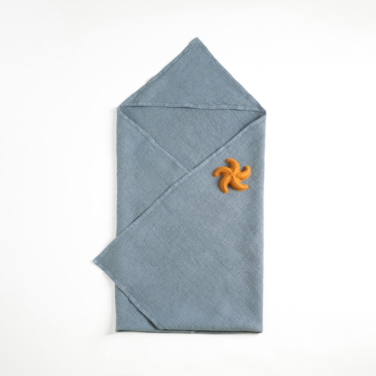 4. Blue fog linen hooded towel with orange starfish toy on a white background