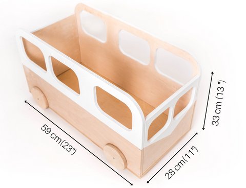 5. Size chart for Ewart Woods kids toy storage box bus showing dimensions 59 x 33 x 28 cm